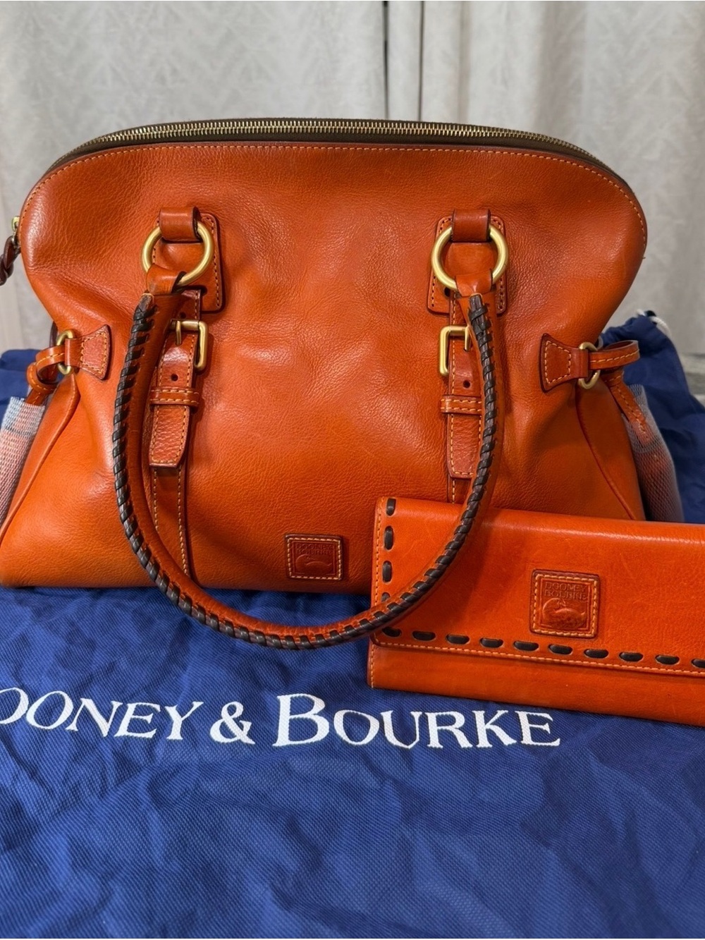 Dooney & Bourke Orange /brown florentine leather Satchel with Matching Wallet